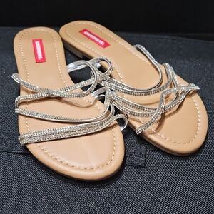 UNIONBAY Rhinestone Strappy Flat Sandals - Silver/Tan